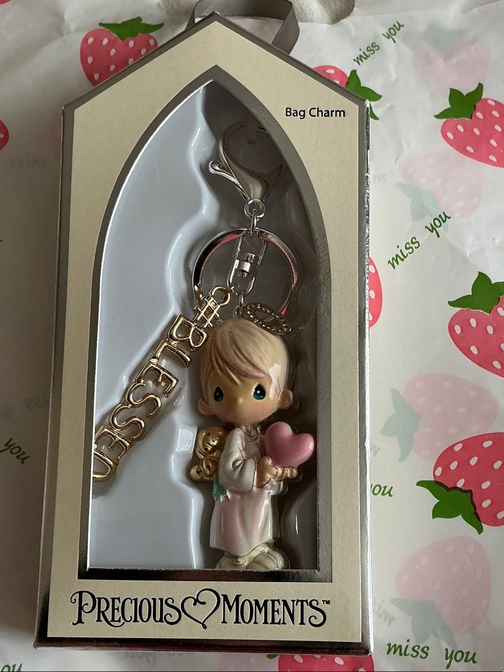 Precious Moments Pink Heart Angel Bag Charm with Gold Lettering
